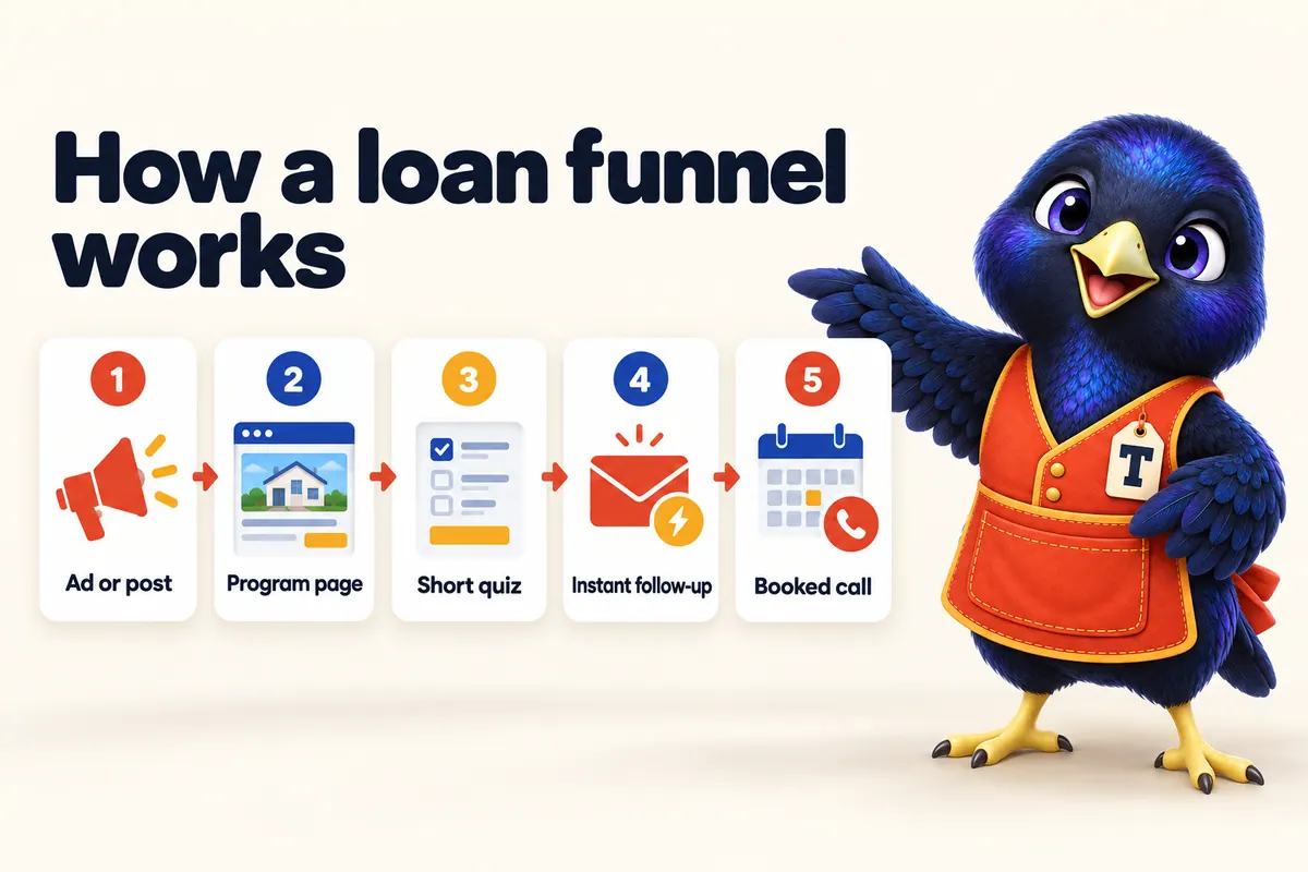 Infographic: How a loan funnel works. 1: Ad or post. 2: Program page. 3: Short quiz. 4: Instant follow-up. 5: Booked call. With Trove the bowerbird mascot.