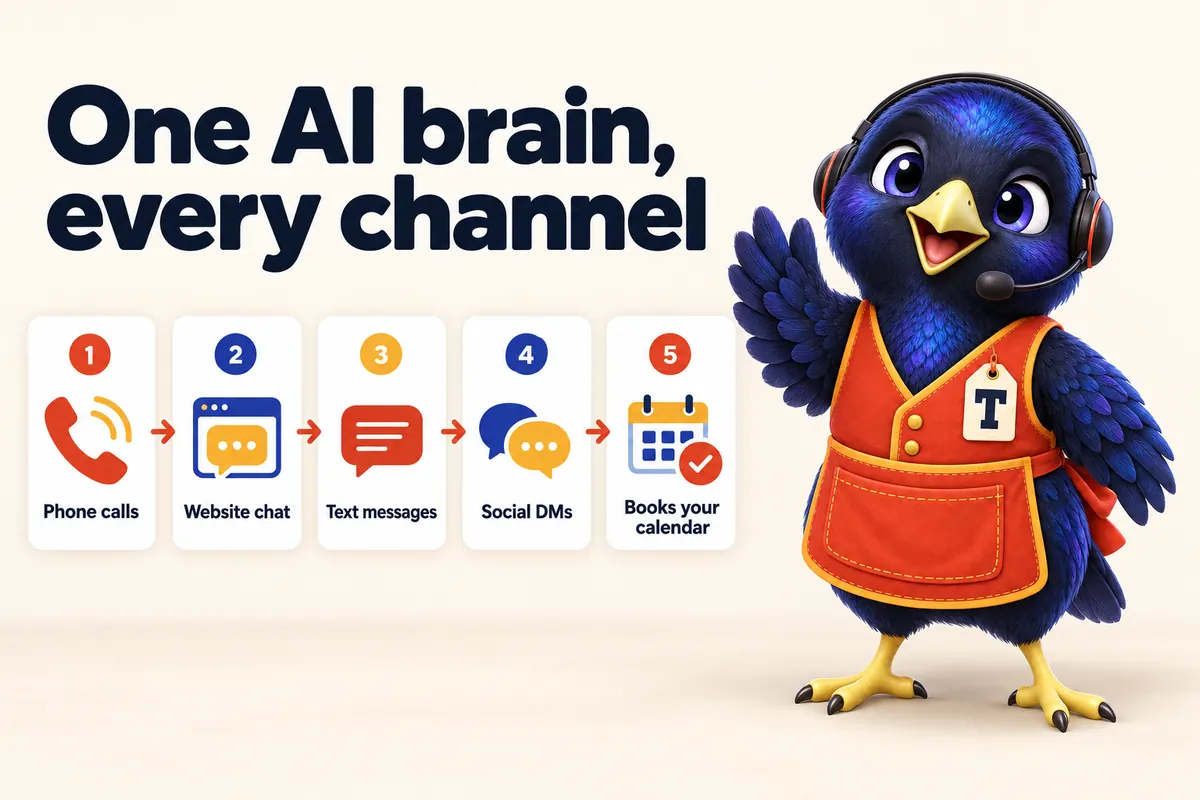 Infographic: One AI brain, every channel. 1: Phone calls. 2: Website chat. 3: Text messages. 4: Social DMs. 5: Books your calendar. With Trove the bowerbird mascot.