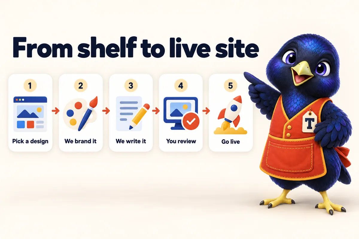 Infographic: From shelf to live site. 1: Pick a design. 2: We brand it. 3: We write it. 4: You review. 5: Go live. With Trove the bowerbird mascot.