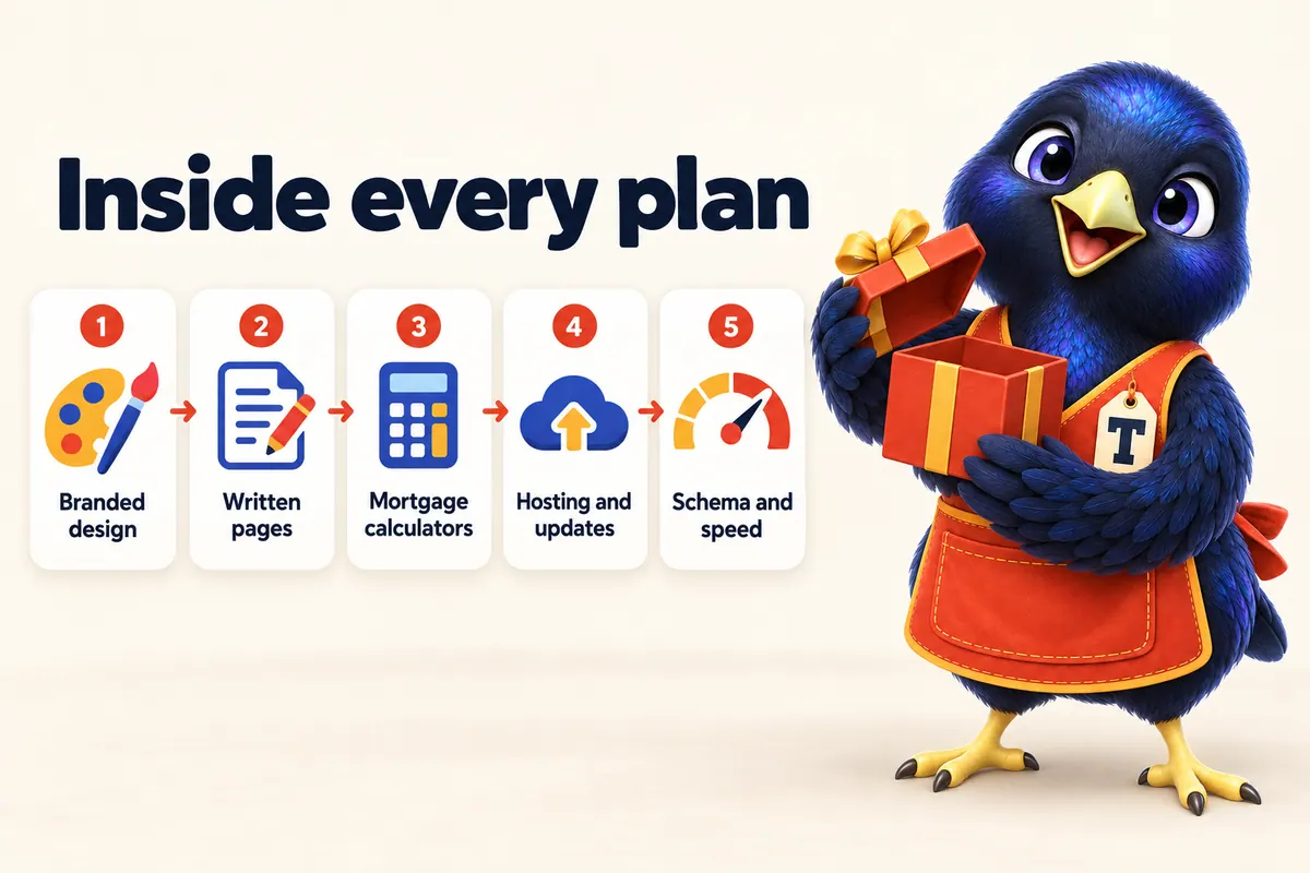 Infographic: Inside every plan. 1: Branded design. 2: Written pages. 3: Mortgage calculators. 4: Hosting and updates. 5: Schema and speed. With Trove the bowerbird mascot.