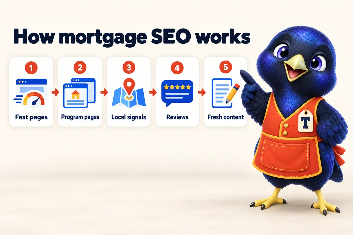 Infographic: How mortgage SEO works. 1: Fast pages. 2: Program pages. 3: Local signals. 4: Reviews. 5: Fresh content. With Trove the bowerbird mascot.