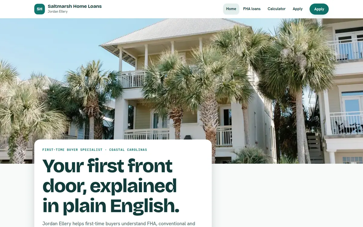 Screenshot of the Tidewater design: home page of the sample site for Saltmarsh Home Loans, a fictional lender